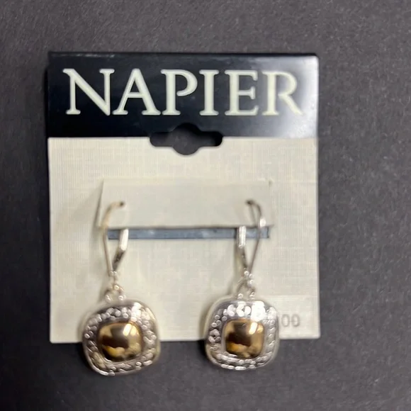 Napier Drop EarringsTwoTone Patterned Design Square Shape Leverback Closure New - Picture 2 of 11